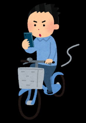携帯電話を注視しながら自転車に乗っている男性のイラスト