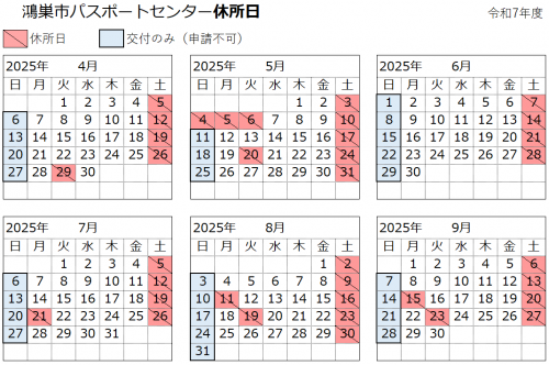 令和7年度上半期鴻巣市パスポートセンター休所日カレンダー
