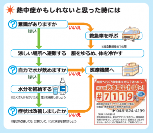 熱中症化もしれないと思った時の対応フローが挿入されています。